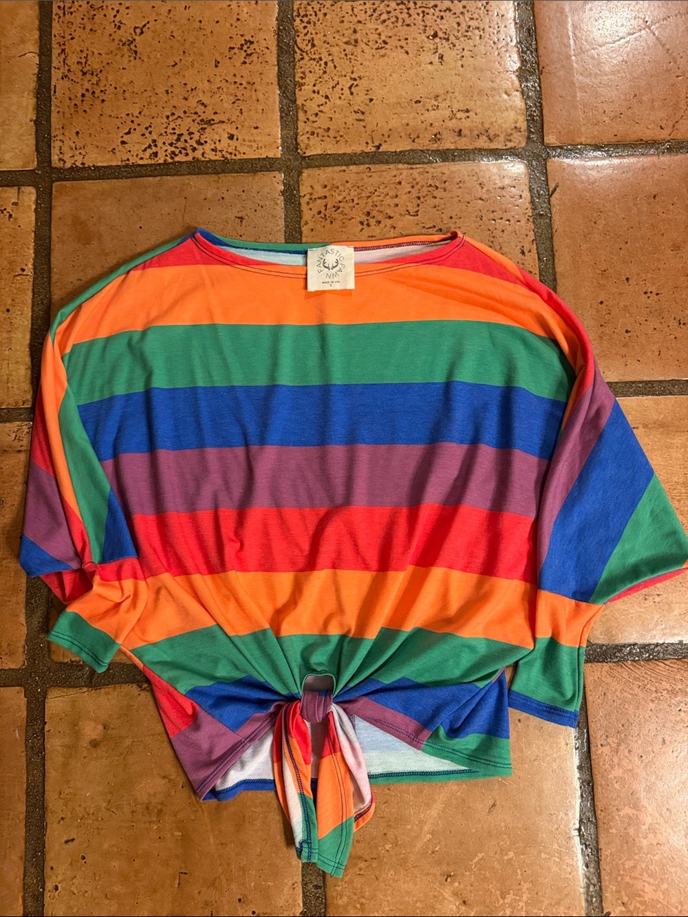 Fantastic Fawn Multicolor Rainbow Stripe Tie-Front Short Sleeve Top